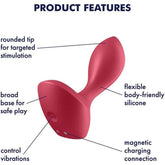 The Satisfyer Backdoor Lover Anal Vibrator - Red, by Satisfyer, is a contoured anal vibrator featuring a rounded tip for precise stimulation and a broad base for safety. Made of flexible, body-friendly silicone, it's perfect for prostate massage and includes magnetic charging and controllable vibrations.